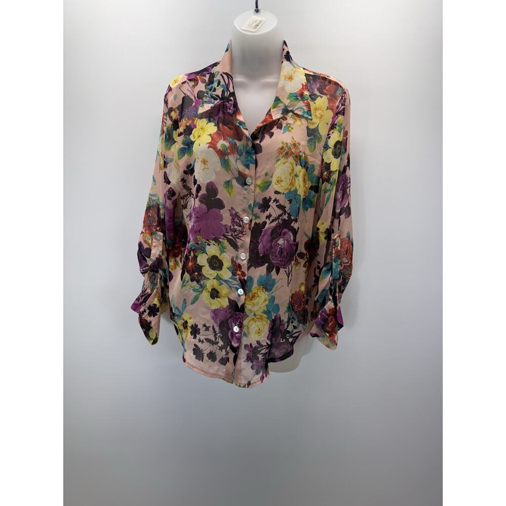 Living Doll Floral Flower Long Sleeve Button Up Shirt Top Adult Women's M Medium